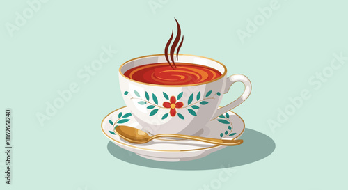 A steaming floral teacup with saucer and gold spoon on mint background, perfect for beverage or lifestyle concepts.