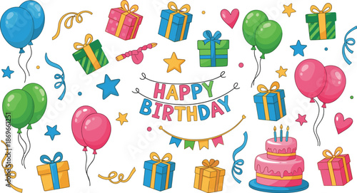 Colorful birthday celebration with balloons gifts and cake presents