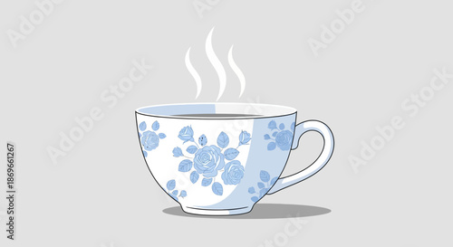 A steaming floral tea cup on a plain background, perfect for lifestyle and beverage concepts.