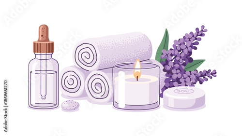 Minimalist spa and beauty ensemble presents elegantly rolled purple towels, a dropper bottle of essential oil, fragrant lavender sprigs, a lit candle, and a bar of soap.