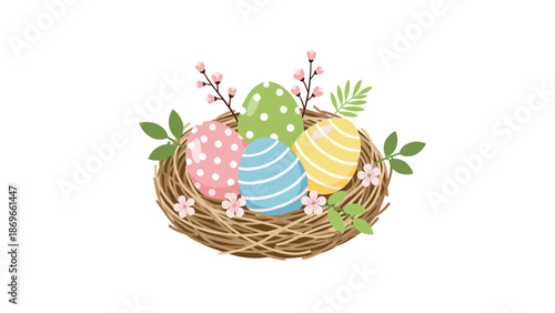 Delightful bird's nest filled with four brightly colored and beautifully patterned Easter eggs, adorned with delicate pink blossoms and fresh green leaves.