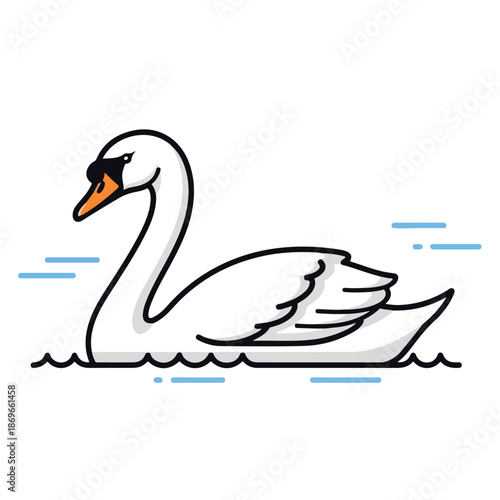 A cute cartoon vector illustration of a white swan bird swimming on a nature lake water surface with a wild goose silhouette and artistic beak design