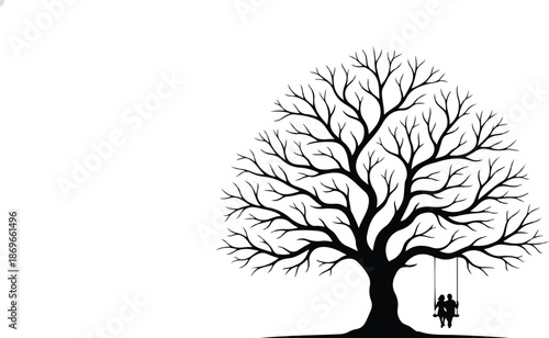 Silhouette of a Child on a Swing Hanging from a Leafless Tree.