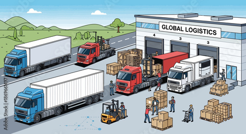 Global logistics and transportation hub with trucks loading and unloading cargo