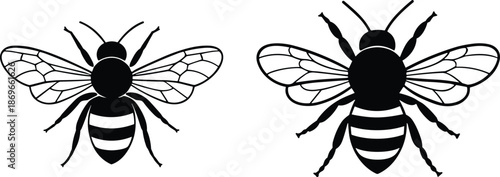 Bee silhouette illustration set, flying honey bees with wings, insect nature symbol, black vector graphic isolated white background