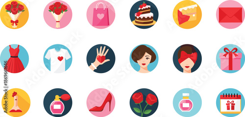 Colorful circular of Valentine's Day gifts and bouquet roses shopping bag