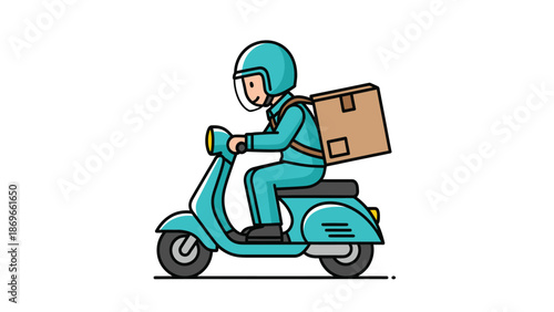Cartoon Delivery Rider on Scooter with Parcel Box Illustration