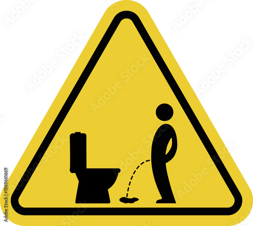 Urinate on the floor sign. It's wrong to urinate outside the toilet. A visual reminder about improper toilet use. Maintain sanitary standards. Keep the toilet clean. Yellow warning road sign.