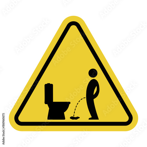 Urinate on the floor sign. It's wrong to urinate outside the toilet. A visual reminder about improper toilet use. Maintain sanitary standards. Keep the toilet clean. Yellow warning road sign.