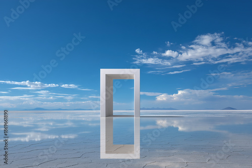 Acrylic Window Frame On Uyuni Salt Flat After Rain, Mirror Reflection Portal, Drone Top-Down View, High-Altitude Bolivia, Midday Hard Light, Geometric Landscape, Conceptual Nature Scene