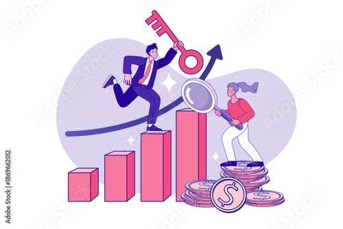 Business team analyzing financial growth. Man holding key to success and woman with magnifying glass standing on money coins. Concept of investment strategy, solution and profit rising.