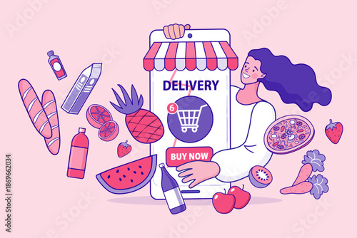 Happy woman holding giant smartphone with grocery delivery app screen. Online supermarket shopping, fresh food ordering, fruit vegetable, and pizza delivery service.