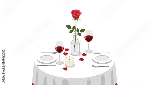 Intimate round table set for a romantic dinner for two, complete with elegant plates, wine glasses, a single red rose in a vase, scattered petals, and a lit candle.