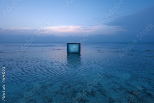 Retro Monitor Casing On Empty Sandbar At Blue Hour, Horizon Through Hollow Screen, Footprints And Ripples, Remote Pacific Atoll, Minimal Seascape, Conceptual Travel, Editorial Coastal Frame