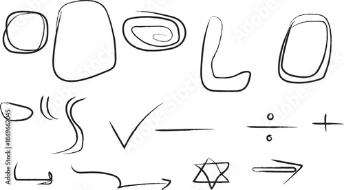 Hand-drawn sketch elements collection featuring various shapes, symbols, and arrows