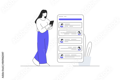 Sidebar Menu. Woman holding phone looking at screen chatting with friend. Flat Cartoon Vector Illustration, icon Stylish abstract design landing page web