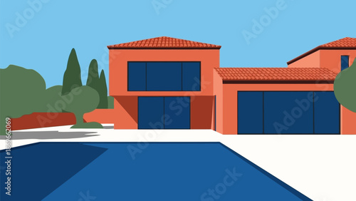 Vibrant illustration of a contemporary luxury villa with a sparkling blue swimming pool under a clear sky, surrounded by lush green foliage, depicting an idyllic summer retreat