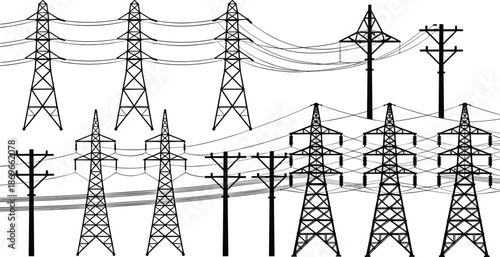Electric power transmission and distribution towers silhouette set, high voltage overhead lines and utility poles isolated on white background