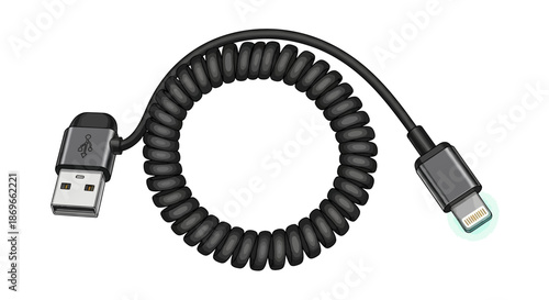 Black coiled USB cable with USB-A and Lightning connectors for device charging and data transfer