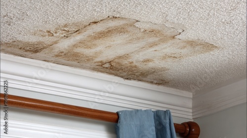 Water damage on a ceiling, with sagging drywall and brown stains, before repair