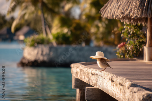 Secluded Overwater Jetty In French Polynesia With Model In Classic One-Piece And Seabird On Sun Hat, Telephoto Compression, Clear Lagoon, Golden Hour Light, Island Travel