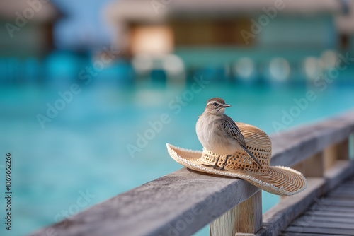Secluded Overwater Jetty In French Polynesia With Model In Classic One-Piece And Seabird On Sun Hat, Telephoto Compression, Clear Lagoon, Golden Hour Light, Island Travel