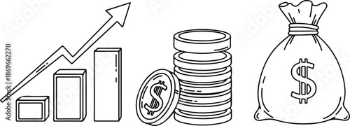 Financial Growth Illustrated with Coin Stacks and Bag.
