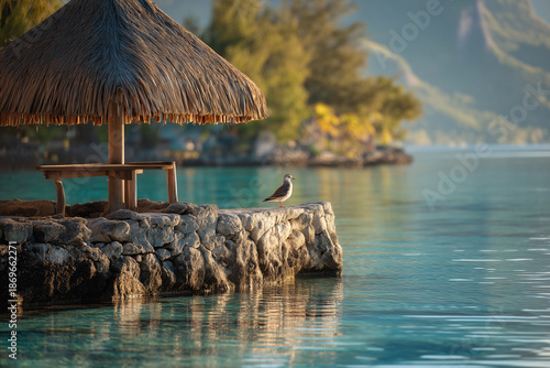 Secluded Overwater Jetty In French Polynesia With Model In Classic One-Piece And Seabird On Sun Hat, Telephoto Compression, Clear Lagoon, Golden Hour Light, Island Travel