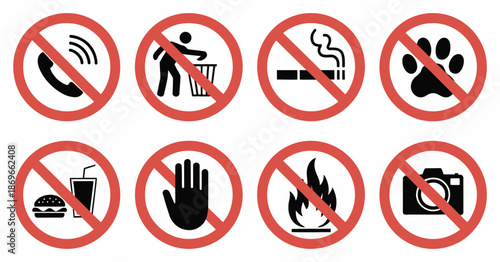 Prohibited icons set, no phone no litter no smoking no pets no food drinks fire photography, restriction warning vector illustration.