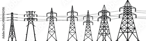 Electric power transmission towers silhouette row, high voltage overhead power lines infrastructure isolated on white background industrial energy concept