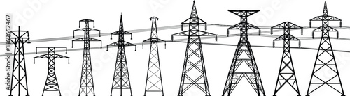 Electric power transmission tower silhouettes, high voltage pylons and utility structures isolated on white background, industrial electricity grid infrastructure