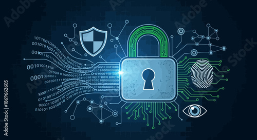 Digital security concept with padlock, shield, fingerprint, and eye on circuit board background with binary code.