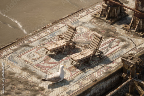 Historic Sea-Bathing Lido Drained At Ultra-Low Tide, Retro Caps On Mosaic Deck, Overhead Top-Down Access, Coastal Gull, Maintenance Window, Heritage Architecture, Exclusive Permit