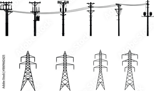 Electric utility poles and high voltage transmission towers silhouettes set, overhead power lines distribution infrastructure isolated on white background