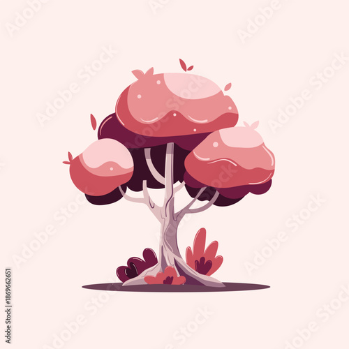 Vector-style tree illustration with a layered round canopy in pink and maroon tones, a slim curved trunk, and falling small leaves, creating a cute, minimalist, and decorative impression