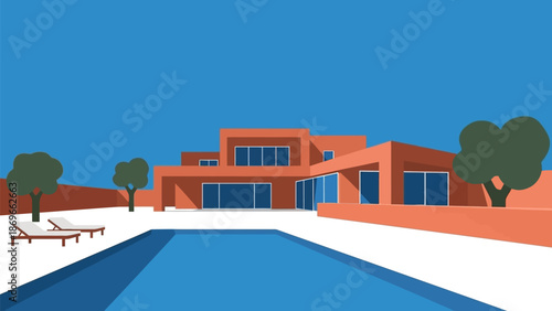 Flat design illustration of a modern luxury villa with a vibrant blue swimming pool and sun loungers under a clear sky, perfect for serene summer relaxation