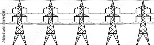 Electricity transmission towers silhouette lineup, high voltage overhead power lines infrastructure isolated on white background industrial energy grid concept