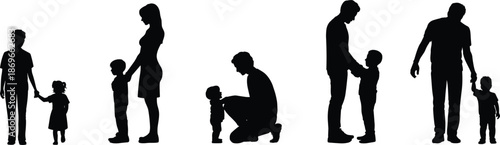 Family parent and child silhouette set, mother father with kids bonding moments, love care relationship vector illustration isolated white