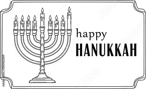 Black and white Hanukkah greeting with menorah candles Jewish holiday