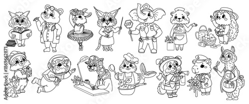 A set of 14 children's coloring pages featuring animals in various professions. A collection of line art characters. Cute cartoon animals and their jobs and activities