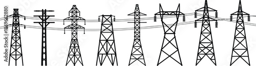 High voltage electricity transmission towers silhouette set, power line infrastructure collection isolated on white background energy concept industrial utility grid