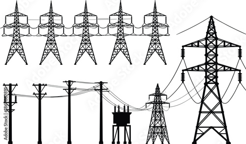 High voltage power transmission tower silhouettes, electric utility poles and pylons isolated on white background, industrial electricity grid infrastructure
