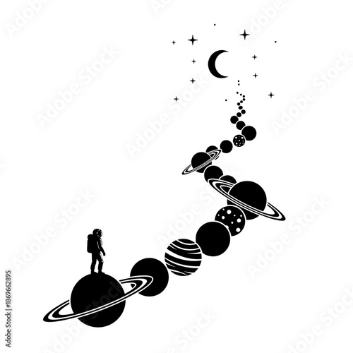 Black and white silhouette of an astronaut floating in space, minimalist and modern illustration style, symbolizing exploration, curiosity, and the future against a clean white background.
