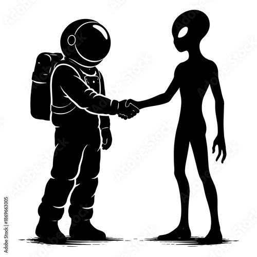 Black and white silhouette of an astronaut floating in space, minimalist and modern illustration style, symbolizing exploration, curiosity, and the future against a clean white background.