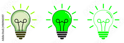 A set of glowing green lightbulbs in different styles, symbolizing creativity, energy efficiency, and environmental friendly solutions for modern designs