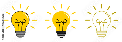 A set of glowing yellow lightbulbs in different styles, symbolizing creativity, energy efficiency, and environmental friendly solutions for modern designs