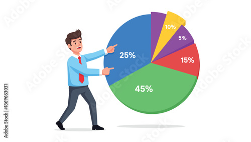 Businessman Presenting Colorful Pie Chart for Data Analysis and Strategy