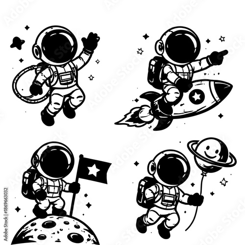 Black and white silhouette of an astronaut floating in space, minimalist and modern illustration style, symbolizing exploration, curiosity, and the future against a clean white background.