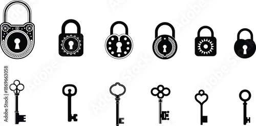 Lock and key icon set, vintage padlocks and classic keys, security safety symbols, black silhouette vector illustration isolated white background