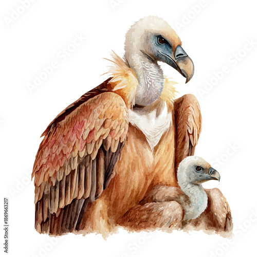 Watercolor painting of Vulture With Its Baby, vector illustration, isolated on white background.